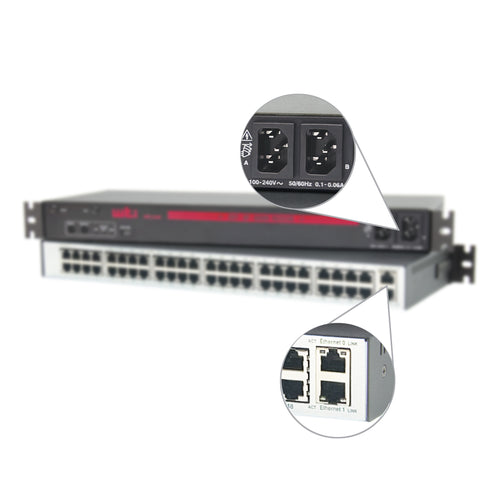 WTI 48 Port console server with closeup of dual power supplies and dual ethernet uplink